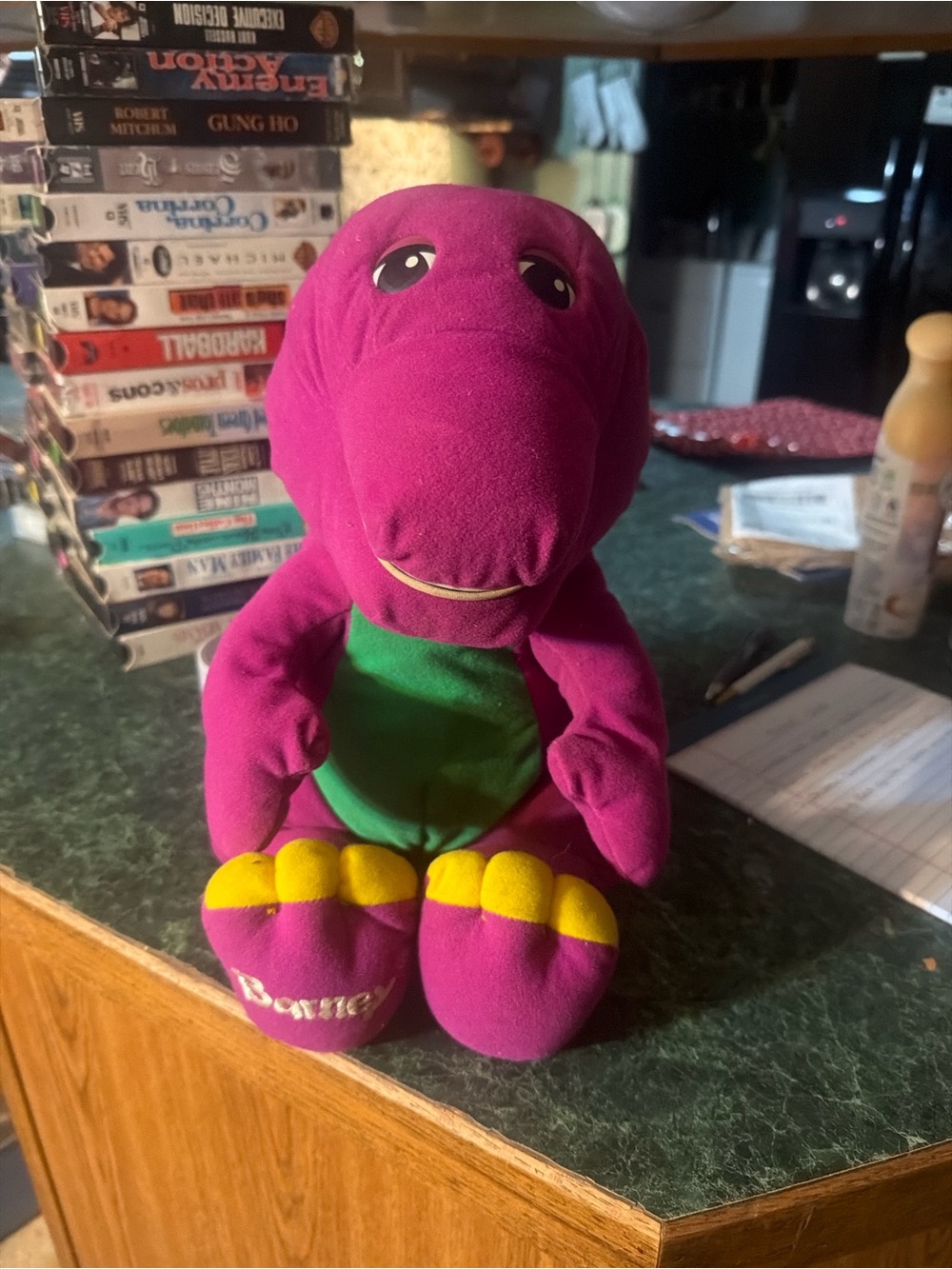 Vintage 1990s talking Barneys New York Purple and Green Plush Dinosaur Toy